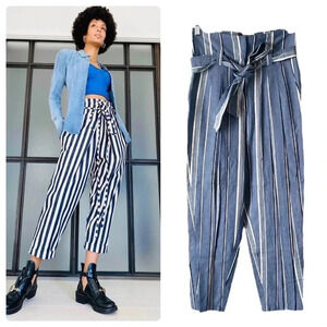 PINKYOTTO | High-Waisted Striped Paperbag 100% Cotton Pants Self Tie Belt Size S